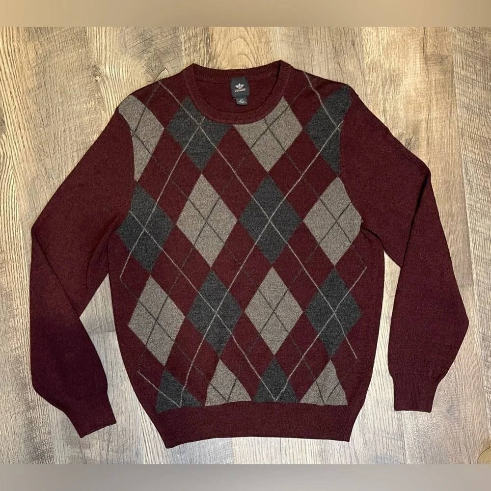 Dockers Sweater Mens Small Grey Blue Diamond Pattern Long Sleeve‎ Pullover